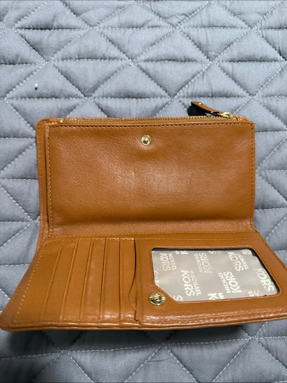 Michael Kors Beige Canvas MK Continental Wallet with Brown Leather Trim